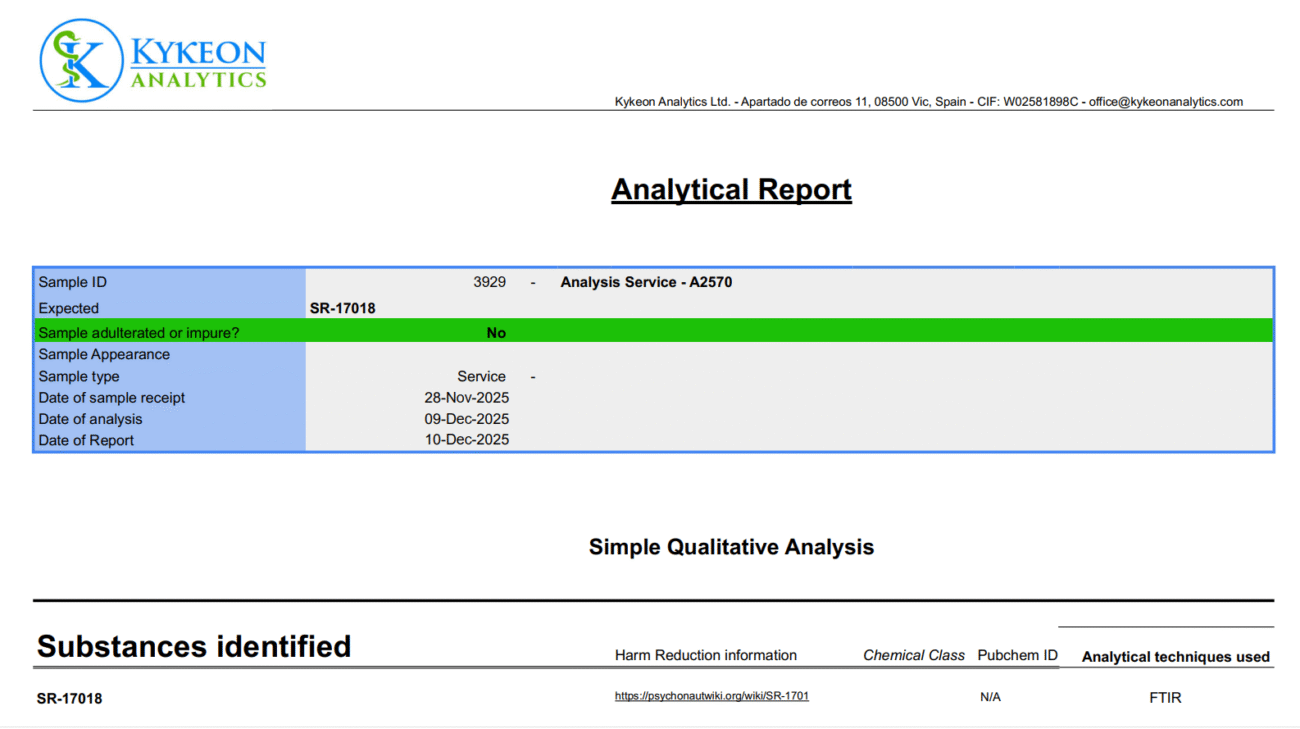SR-17018 analytical report confirming compound quality and purity